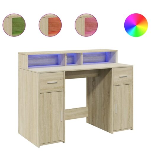 Desk with LED Lights Sonoma Oak 120x55x91 cm Engineered Wood - Image 2
