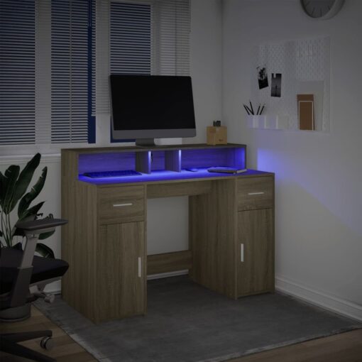 Desk with LED Lights Sonoma Oak 120x55x91 cm Engineered Wood - Image 5