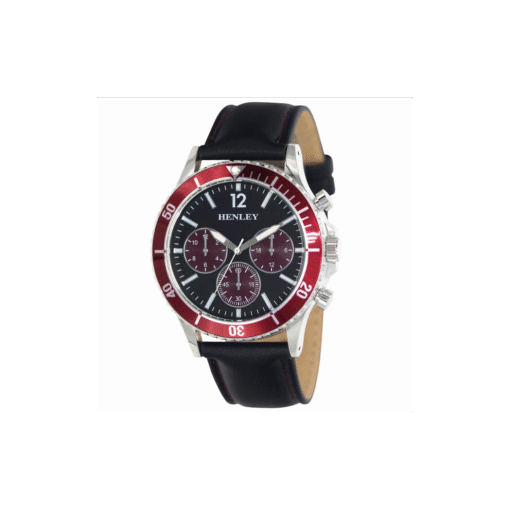 Henley Mens Polished Round Sports Case Purple Dial With Black Leather Strap Watch H02210.7